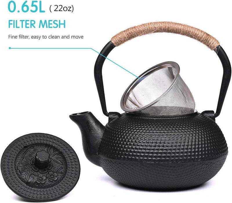 Dratal Dratal Cast Iron Teapot 32oz Tea Kettle Stovetop Safe with Infuser for Tea Coffee Japanese Pattern Tea Pot Coated with Enameled InteriorStainless Steel Infuser for Loose Tea 950ml DT02  - Image 3