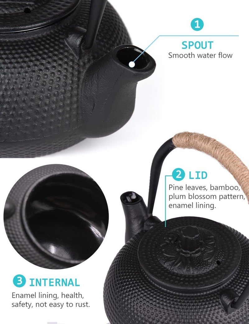 Dratal Dratal Cast Iron Teapot 32oz Tea Kettle Stovetop Safe with Infuser for Tea Coffee Japanese Pattern Tea Pot Coated with Enameled InteriorStainless Steel Infuser for Loose Tea 950ml DT02  - Image 5