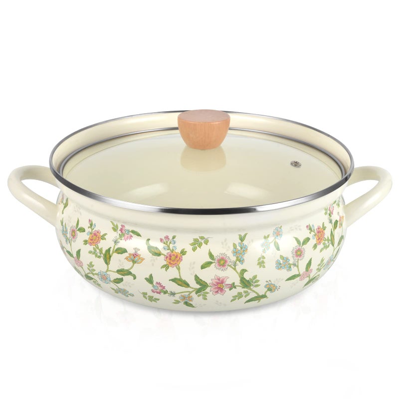 Enamel Stock Pot with Lid Floral Retro Cooking Pot for Stove Non Stick Soup Pot Induction Pasta Pot All Stove Compatible STYLE1