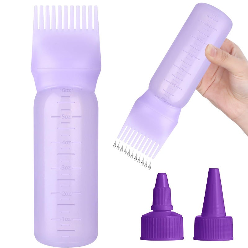 FXSPLCZ Root Comb Applicator Bottle Oil Applicator for Hair Dye Hair Oiling Bottle with 2 Types Caps and Graduated Scale, 6 Ounce (Purple) - Image 1