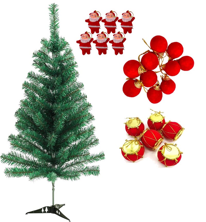 Evisha 6 Drum 6 Santa 12 Velvet Balls Red Theme Christmas Tree Hanging Ornaments and 4 Ft Artificial Christmas Tree for Christmas Party Decoration - Image 1