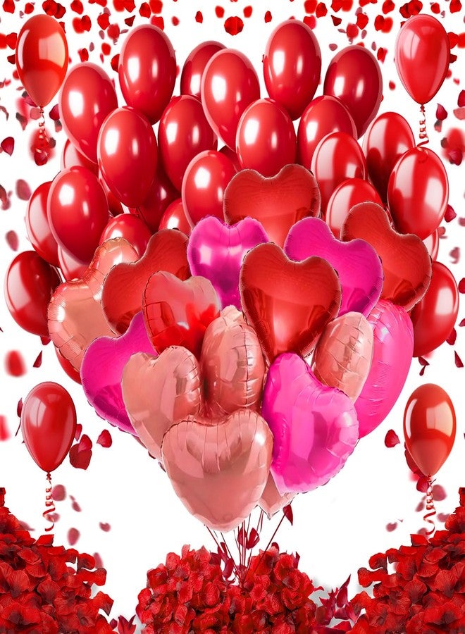 Famoby Red Latex balloons,Red Heart-Shaped Aluminum Foil Balloon and Fake Petals for Valentines Wedding Bridal Shower Anniversary Engagement Party Supplies Decorations - Image 1
