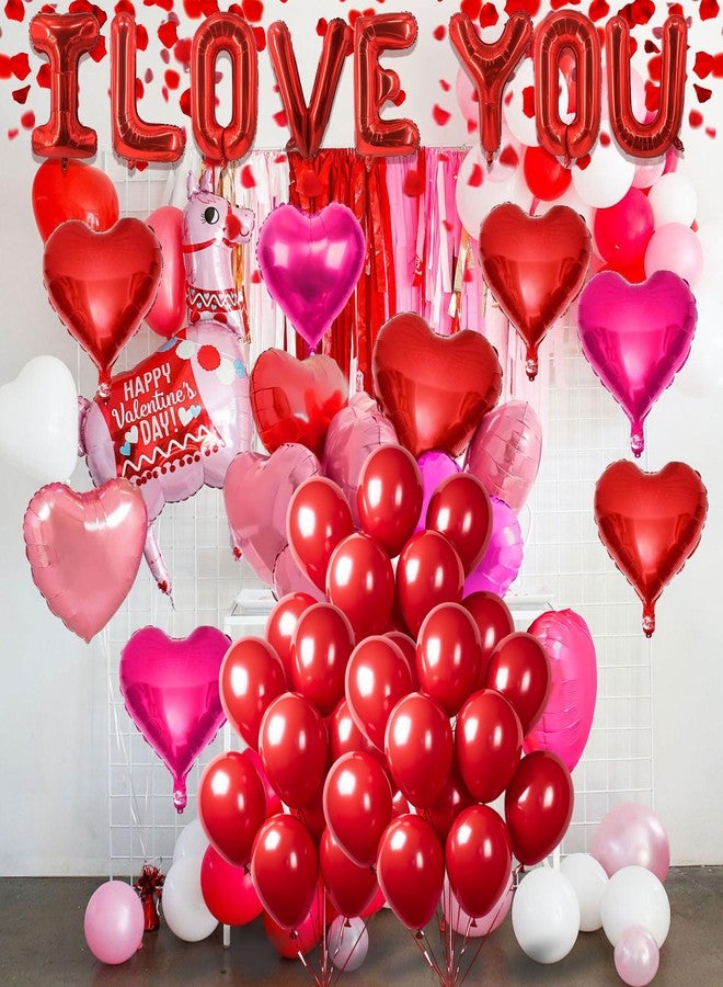 Famoby Red Latex balloons,Red Heart-Shaped Aluminum Foil Balloon and Fake Petals for Valentines Wedding Bridal Shower Anniversary Engagement Party Supplies Decorations - Image 3