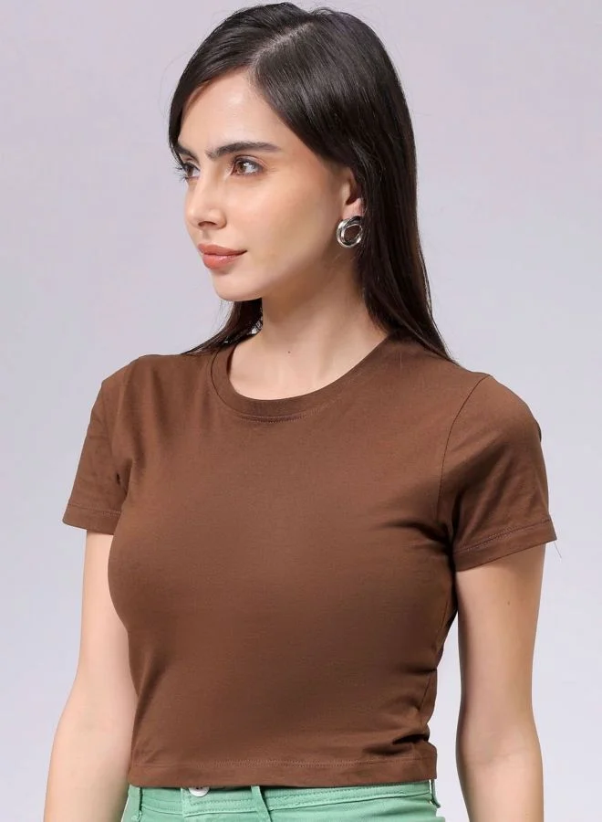 Freehand Women Slim Fit Solid Crew Neck Short Sleeve Cropped T-Shirt