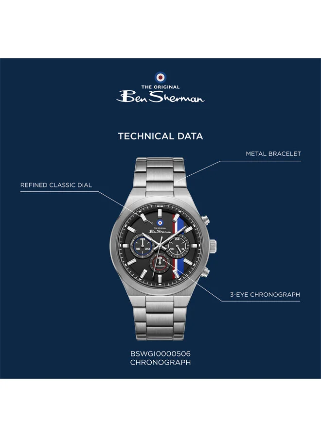 Ben Sherman Black Canterbury Black Dial Stainless Steel Bracelet Chronograph Watch for Men, 44mm for Men | Best Price UAE