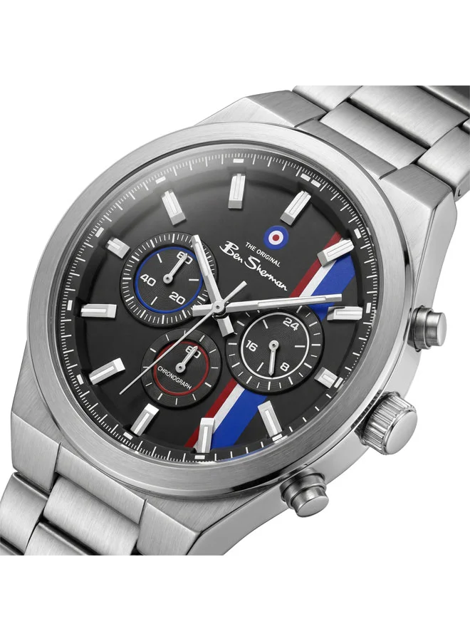 بين شيرمان Canterbury Black Dial Stainless Steel Bracelet Chronograph Watch for Men, 44mm
