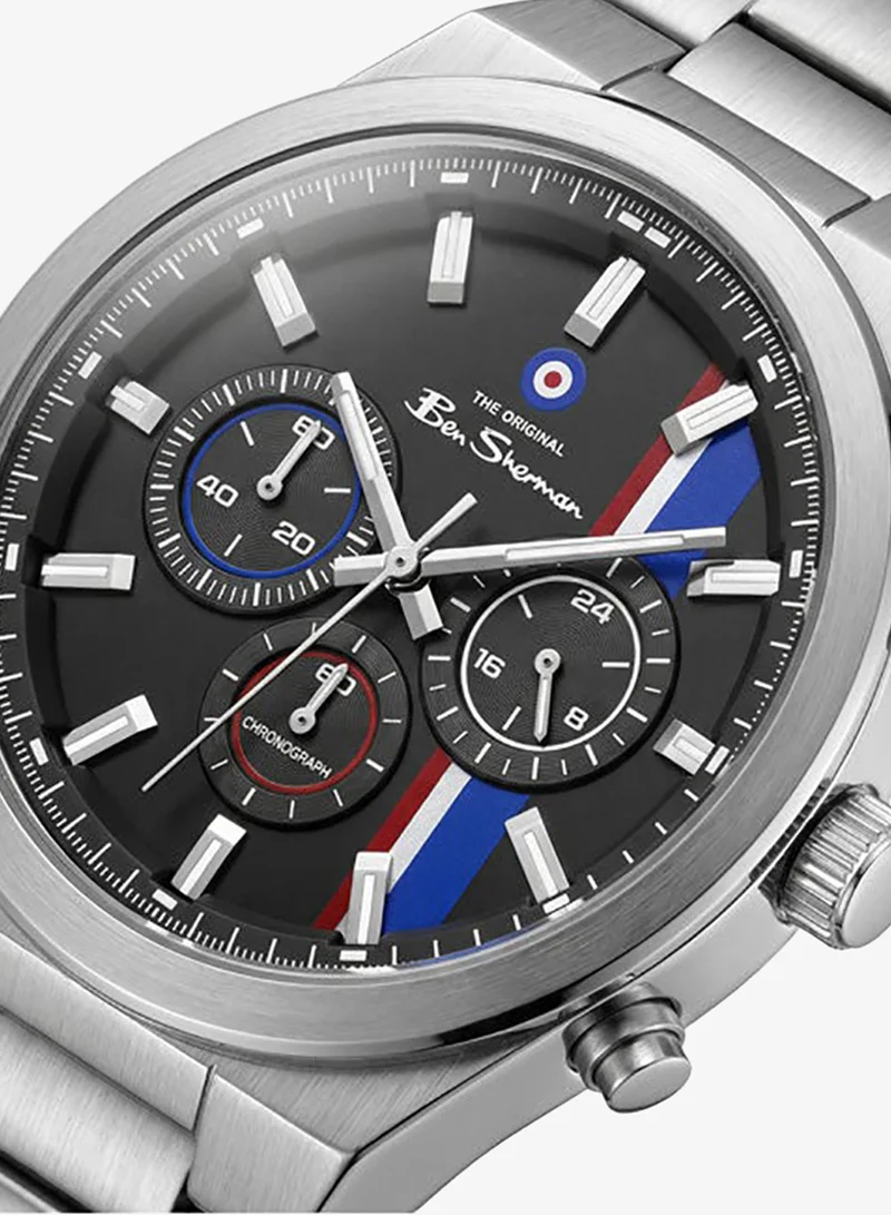 Ben Sherman Canterbury Black Dial Stainless Steel Bracelet Chronograph Watch for Men, 44mm