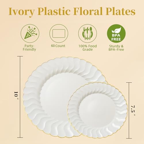 Lullaby 60PCS Ivory Scalloped Plastic Plates with Gold Rim, Disposable Elegant Plates Include 30pcs Dinner Plate 10.25", 30pcs Plastic Dessert Plate 7.5", Perfect for Wedding and Party - Image 2