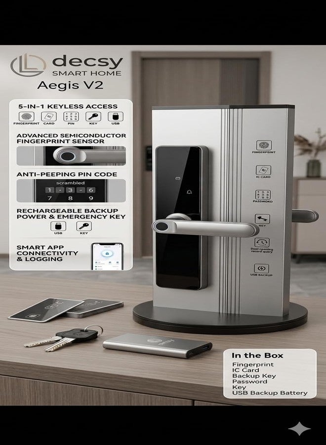 قفل Decsy الذكي | قفل ذكي | قفل رقمي للباب الرئيسي 4 في 1 | 4 أوضاع دخول | بصمة الإصبع، RFID، رمز PIN، مفتاح | للمنازل والمكاتب | أسود مطفي | ضمان سنتين - Image 1
