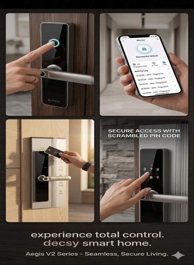 قفل Decsy الذكي | قفل ذكي | قفل رقمي للباب الرئيسي 4 في 1 | 4 أوضاع دخول | بصمة الإصبع، RFID، رمز PIN، مفتاح | للمنازل والمكاتب | أسود مطفي | ضمان سنتين - Image 2