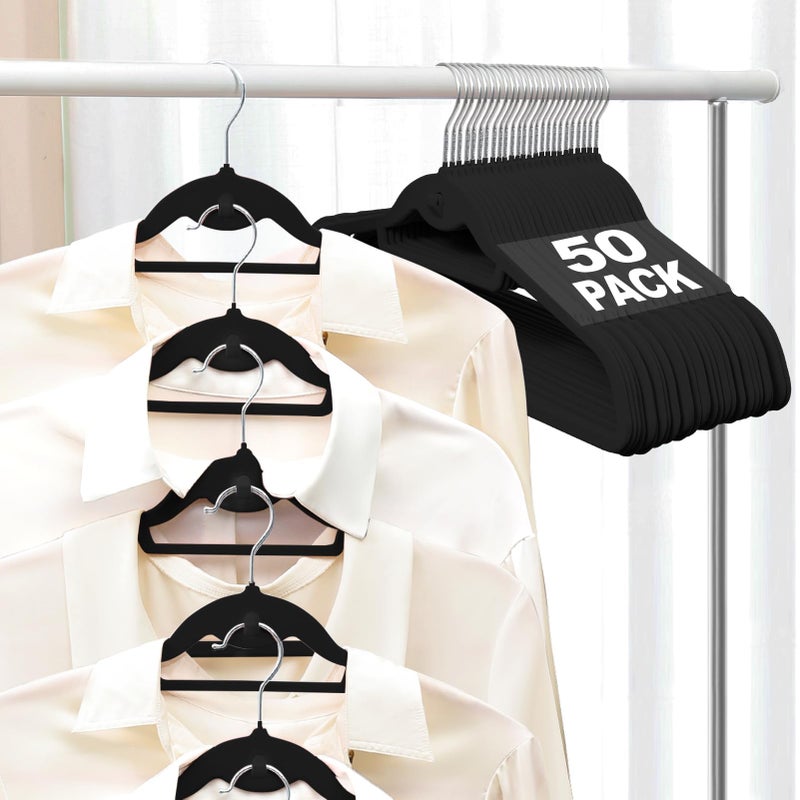 UEAKPIC Velvet Felt Stackable Hangers 50 Pack Non Slip with 360 Swivel Hook Ultra Thin and Space Saving for Suits Shirts Coats 15Lbs Capacity Heavy Duty Black