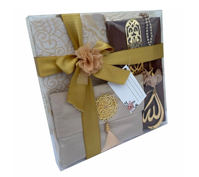 MUSLIM PRAYER RUG 7 IN ONE GIFT SET PRAYER MAT SURAH BOOK TASBEEH SCARF SURAH CASE BOOKMARK CAR MIRROR HANGER PRAYER BEADSISLAMIC GIFT FOR UMRAH HAJJ WEDDING JANAMAZ GOLD