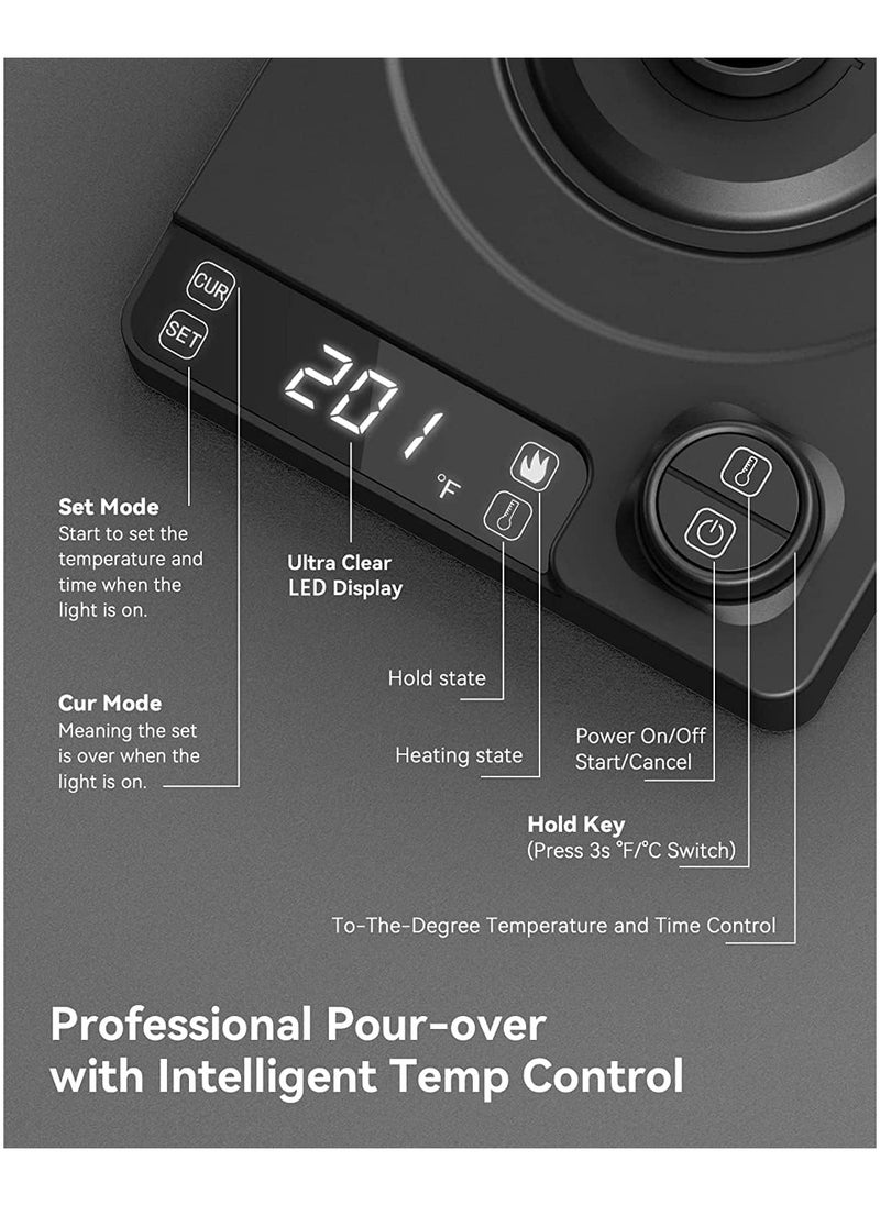 KADRAMA 1000ml Gooseneck Electric Kettle Hand Brew Coffee Pot Smart Teapot Temperature Control Pot 1200W Rapid Heating, Power Knob Temperature Adjustment with Digital Display, Matte Black  - Image 3