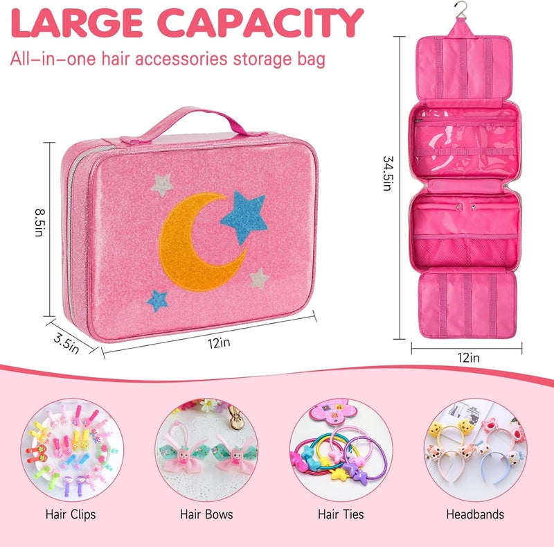 Jaffzora Hair Accessories Organizer Shiny Bow Holder for Baby Girls Travel Hair Storage Bag for Hair Clips Headbands Scrunchies and Hair TiesPink - Image 2