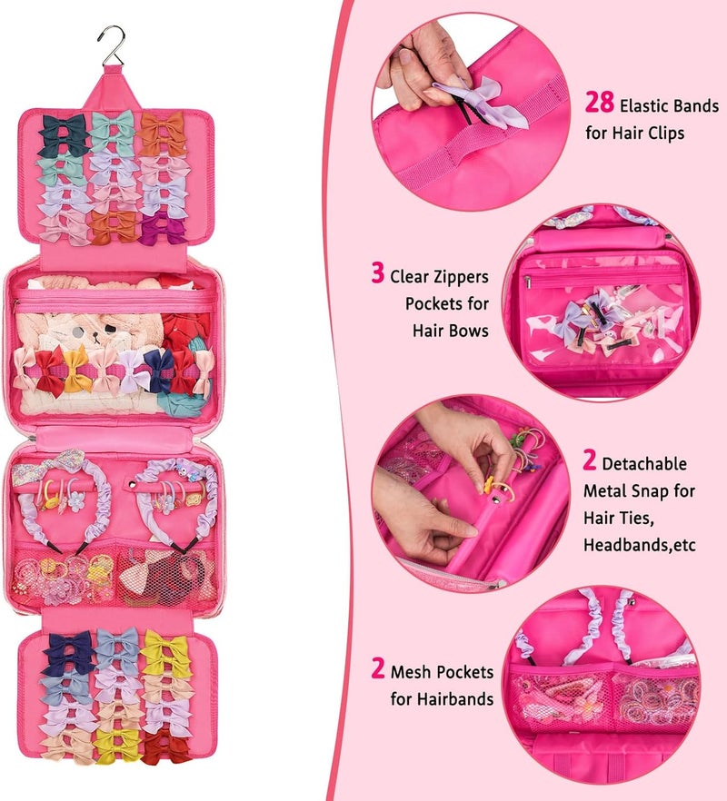 Jaffzora Hair Accessories Organizer Shiny Bow Holder for Baby Girls Travel Hair Storage Bag for Hair Clips Headbands Scrunchies and Hair TiesPink - Image 4