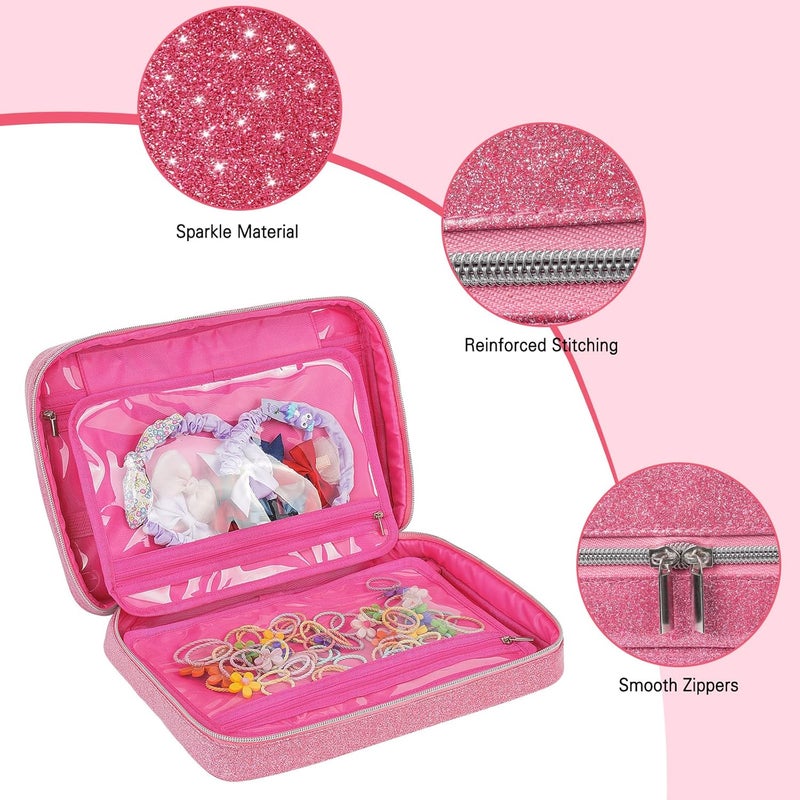 Jaffzora Hair Accessories Organizer Shiny Bow Holder for Baby Girls Travel Hair Storage Bag for Hair Clips Headbands Scrunchies and Hair TiesPink - Image 5