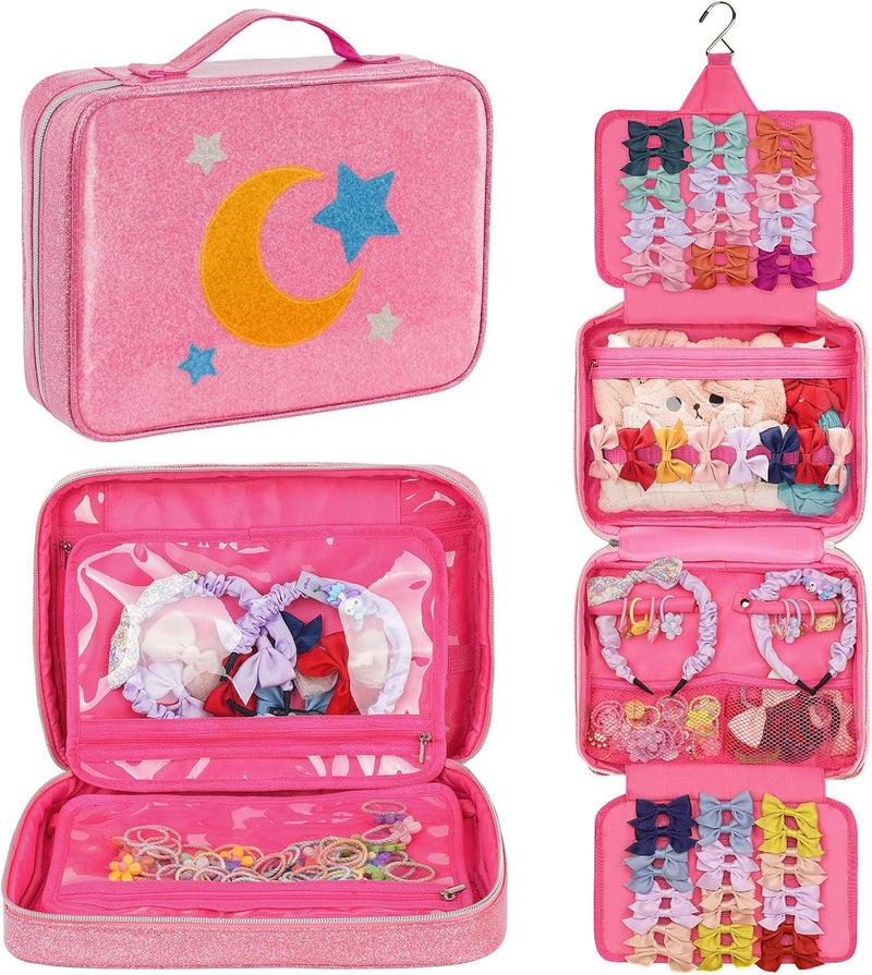 Jaffzora Hair Accessories Organizer Shiny Bow Holder for Baby Girls Travel Hair Storage Bag for Hair Clips Headbands Scrunchies and Hair TiesPink - Image 1