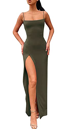 PRIMODA Women's Spaghetti Strap Bodycon Maxi Dress Long Formal Thigh-high Slit Club Wedding Guest Dress(ArmyGreen M) - Image 1