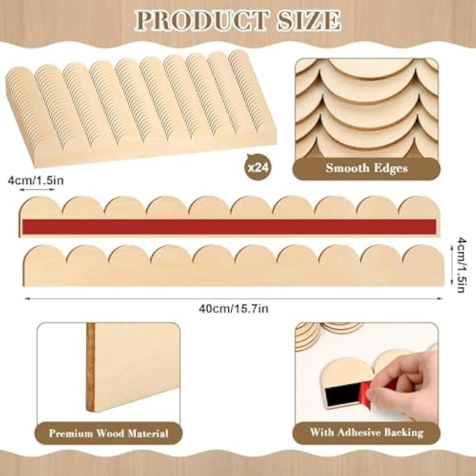 12 PACK UNFINISHED SCALLOPED WOOD TRIM MOLDING WITH ADHESIVE BACKING CUTE DIY EDGE DECORATIVE WALL TRIM FOR HOME CABINET SHELF WINDOW DOOR DECOR 15.75 X 1.57 INCH (WOOD 24) - Image 3
