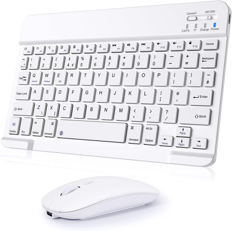 Bluetooth Keyboard and Mouse, Universal Compact Wireless Keyboard, Rechargeable Portable Keyboard for iPad/Samsung/Tablet/iOS/Android/Windows, UK Layout