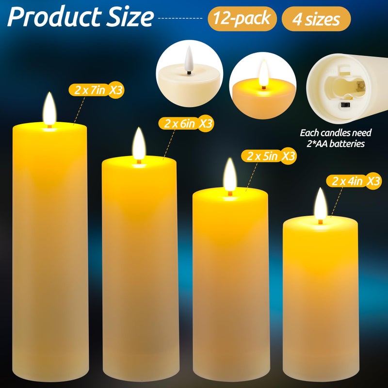 Da by 12 Pack Outdoor Waterproof LED Flameless Candles with Remote Control Timer, Realistic Flickering LED Pillar Candles for Wedding, Festival, Outdoor & Home Decoration-D 3'' H 4'' 5'' 6''7'' - Image 2