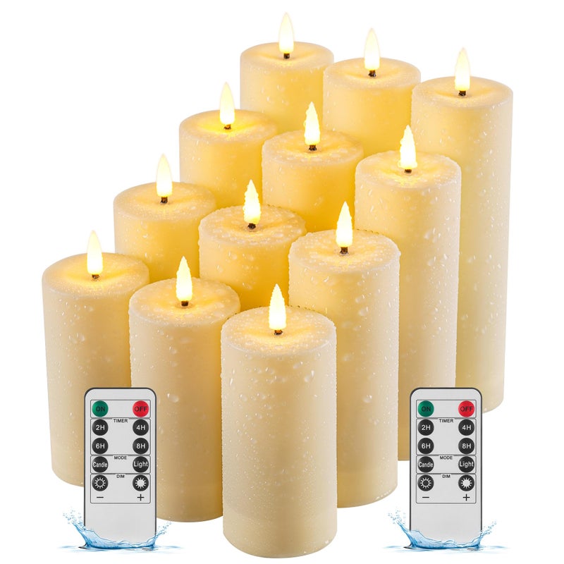 Da by 12 Pack Outdoor Waterproof LED Flameless Candles with Remote Control Timer, Realistic Flickering LED Pillar Candles for Wedding, Festival, Outdoor & Home Decoration-D 3'' H 4'' 5'' 6''7'' - Image 1