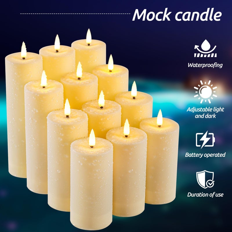Da by 12 Pack Outdoor Waterproof LED Flameless Candles with Remote Control Timer, Realistic Flickering LED Pillar Candles for Wedding, Festival, Outdoor & Home Decoration-D 3'' H 4'' 5'' 6''7'' - Image 3