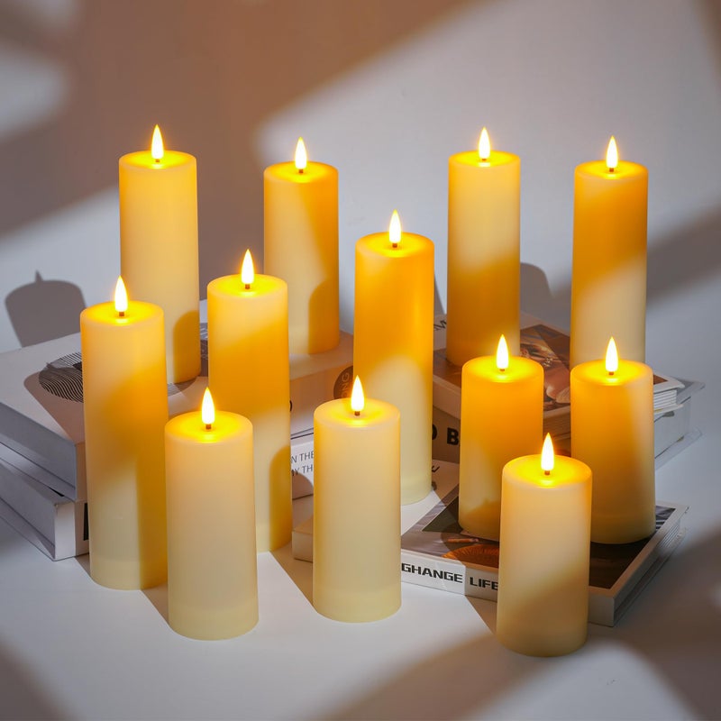 Da by 12 Pack Outdoor Waterproof LED Flameless Candles with Remote Control Timer, Realistic Flickering LED Pillar Candles for Wedding, Festival, Outdoor & Home Decoration-D 3'' H 4'' 5'' 6''7'' - Image 5