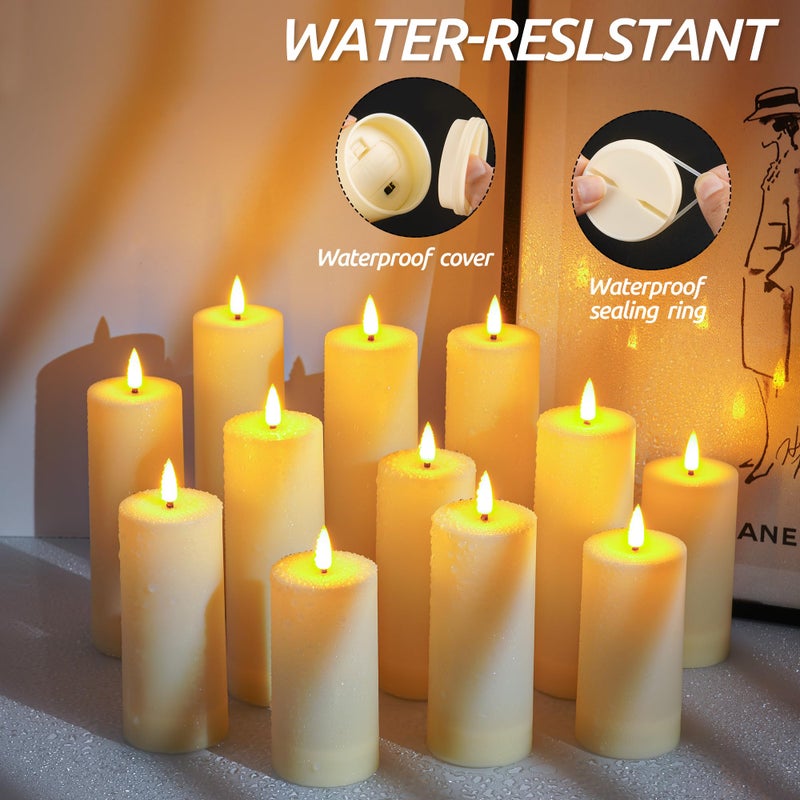 Da by 12 Pack Outdoor Waterproof LED Flameless Candles with Remote Control Timer, Realistic Flickering LED Pillar Candles for Wedding, Festival, Outdoor & Home Decoration-D 3'' H 4'' 5'' 6''7'' - Image 4