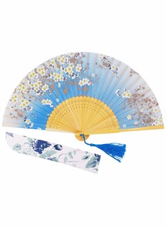 واي آند دي Folding Hand Fan for Women, Chinese/Japanese Vintage Retro Style Bamboo Wood Silk with a Fabric Sleeve Wedding, Dancing, Church, Party, Gifts, Blue  - Image 1
