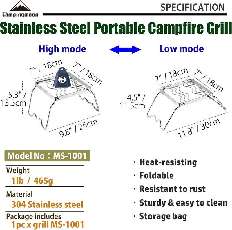 CAMPINGMOON Portable Folding Camping Campfire Grill over Fire Split Stoves 304 Stainless Steel (7’’L (MS-1001)) - Image 2