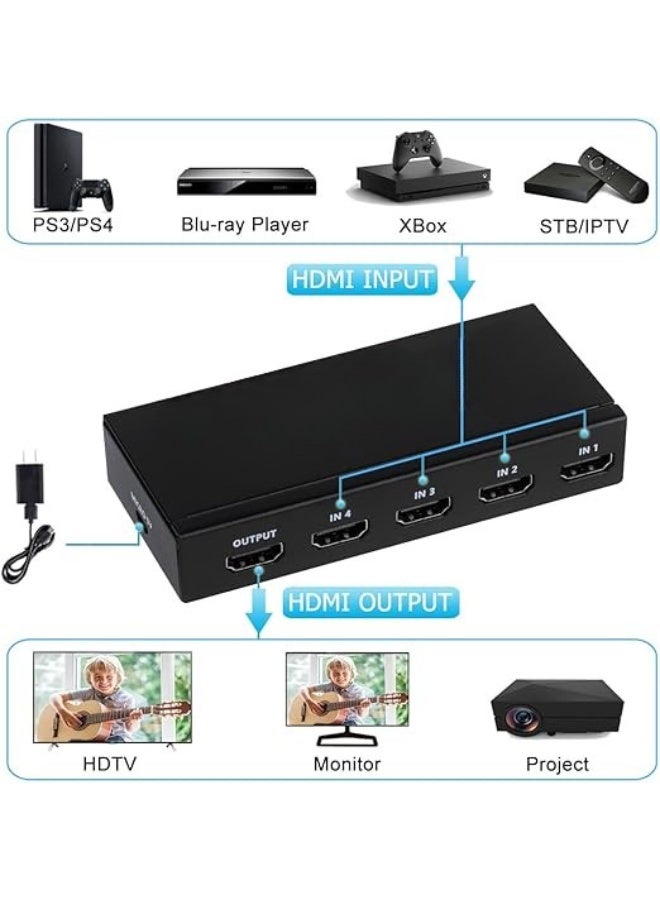 محول HDMI 4×1 بدقة 4K مع جهاز تحكم عن بعد – دعم 4K@60 هرتز HDR10 – يدعم HDCP 2.2، 3D، ودولبي DTS