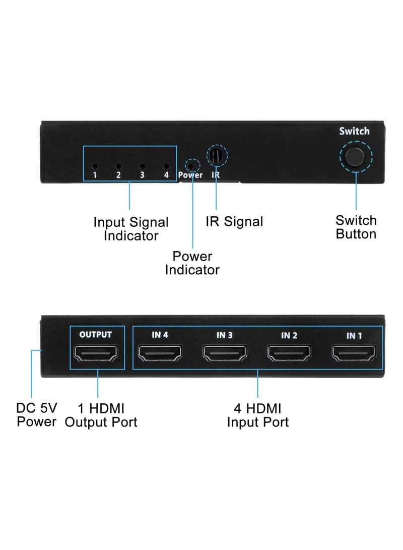 محول HDMI 4×1 بدقة 4K مع جهاز تحكم عن بعد – دعم 4K@60 هرتز HDR10 – يدعم HDCP 2.2، 3D، ودولبي DTS