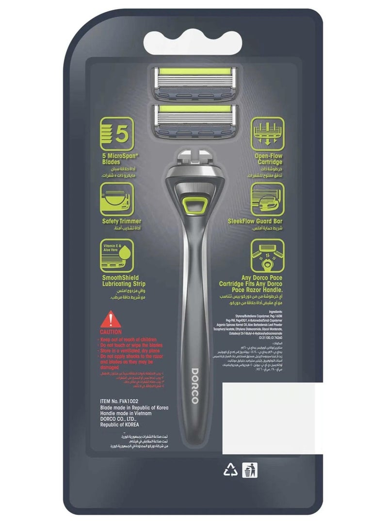 DORCO Pace 5 Pro Men Razor Smooth Shield With Vitamin E & Aloe Vera 1 Handle + 2 Blades - Image 2
