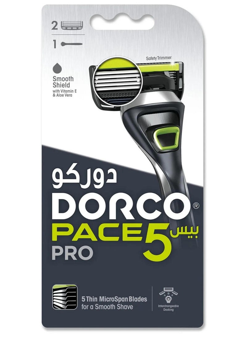 DORCO Pace 5 Pro Men Razor Smooth Shield With Vitamin E & Aloe Vera 1 Handle + 2 Blades - Image 1