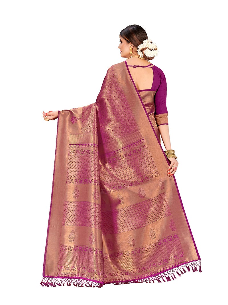 Vardha Women's Kanchipuram Raw Silk Saree with Unstitched Blouse Piece - Zari Woven Work Sarees for Wedding (Kyra Silk, 356, Wine) - Image 3