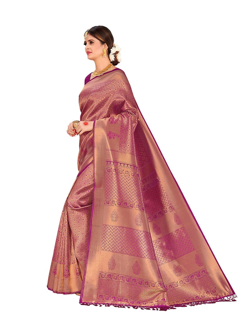 Vardha Women's Kanchipuram Raw Silk Saree with Unstitched Blouse Piece - Zari Woven Work Sarees for Wedding (Kyra Silk, 356, Wine) - Image 2