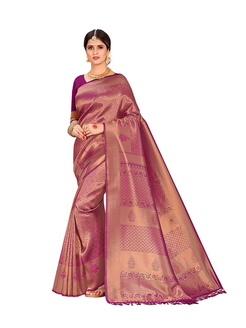 Vardha Women's Kanchipuram Raw Silk Saree with Unstitched Blouse Piece - Zari Woven Work Sarees for Wedding (Kyra Silk, 356, Wine) - Image 1