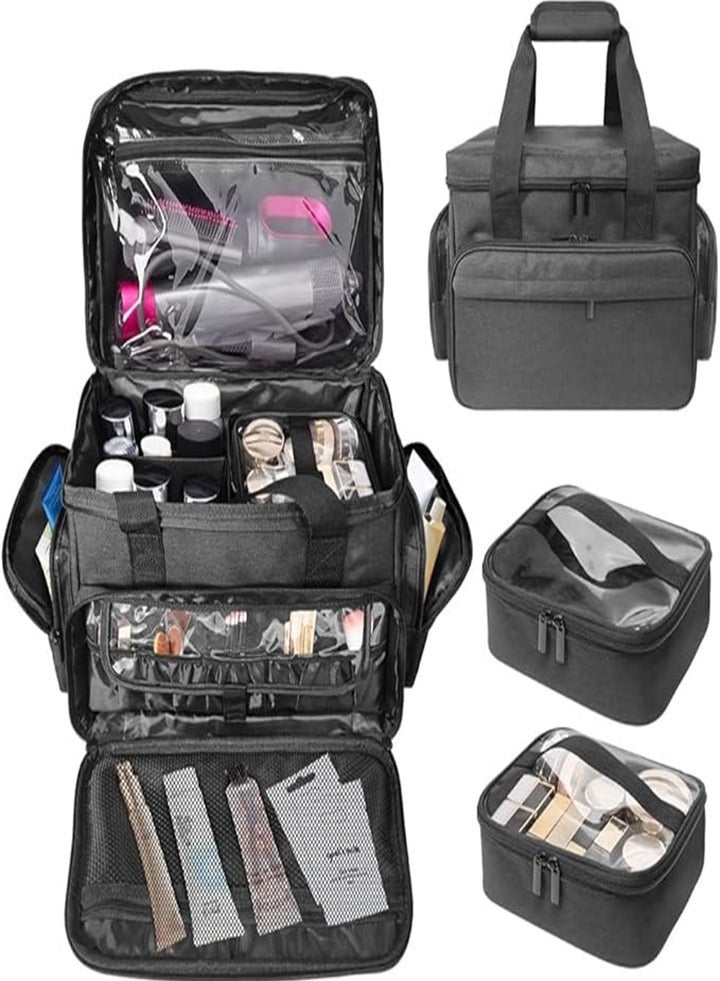 Professional Detachable and Separable Double Makeup Bag, Multifunctional Makeup Bag for Cosmetics and Hair Care Products, Suitable for Travel, Hotel, Going Out (Black)  - Image 1