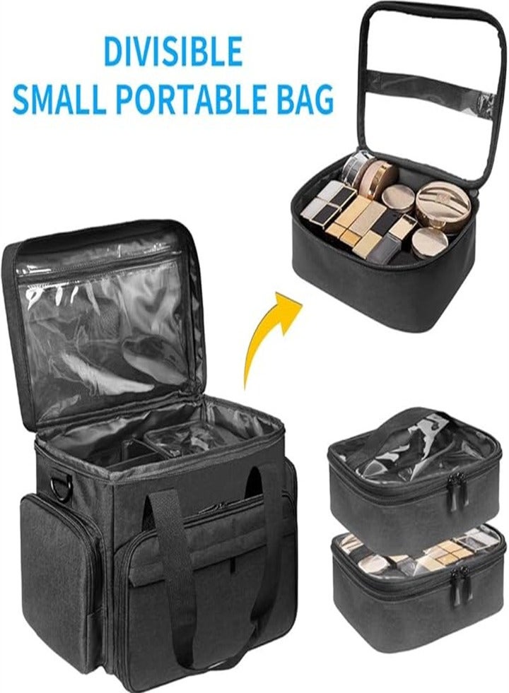 Professional Detachable and Separable Double Makeup Bag, Multifunctional Makeup Bag for Cosmetics and Hair Care Products, Suitable for Travel, Hotel, Going Out (Black)  - Image 2