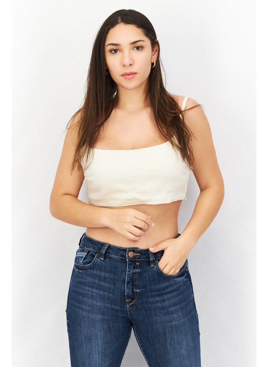 Asos Design - Women U Neck Sleeveless Crop Top, Cream - Image 1