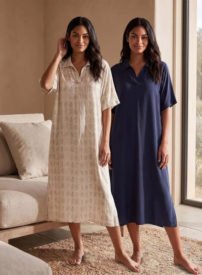 Splash FAV Set of 2 - Intimates Midi Length Night Dress Short Sleeves Assorted Print Viscose