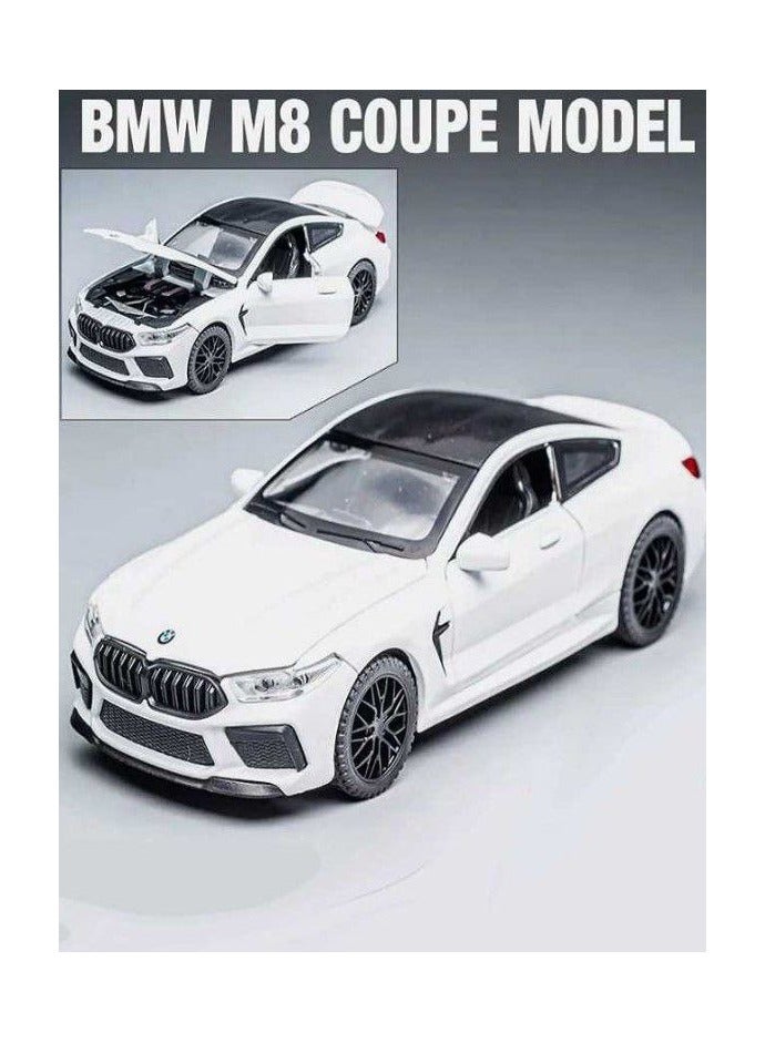 1:32 Scale Diecast BMW M8 Coupe Model Car, Zinc Alloy Pull Back Toy Car with Sound and Light for Kids and Adults (White) - Image 1