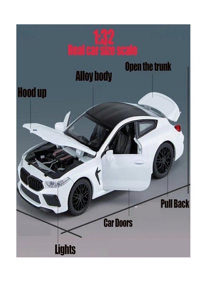 1:32 Scale Diecast BMW M8 Coupe Model Car, Zinc Alloy Pull Back Toy Car with Sound and Light for Kids and Adults (White) - Image 2