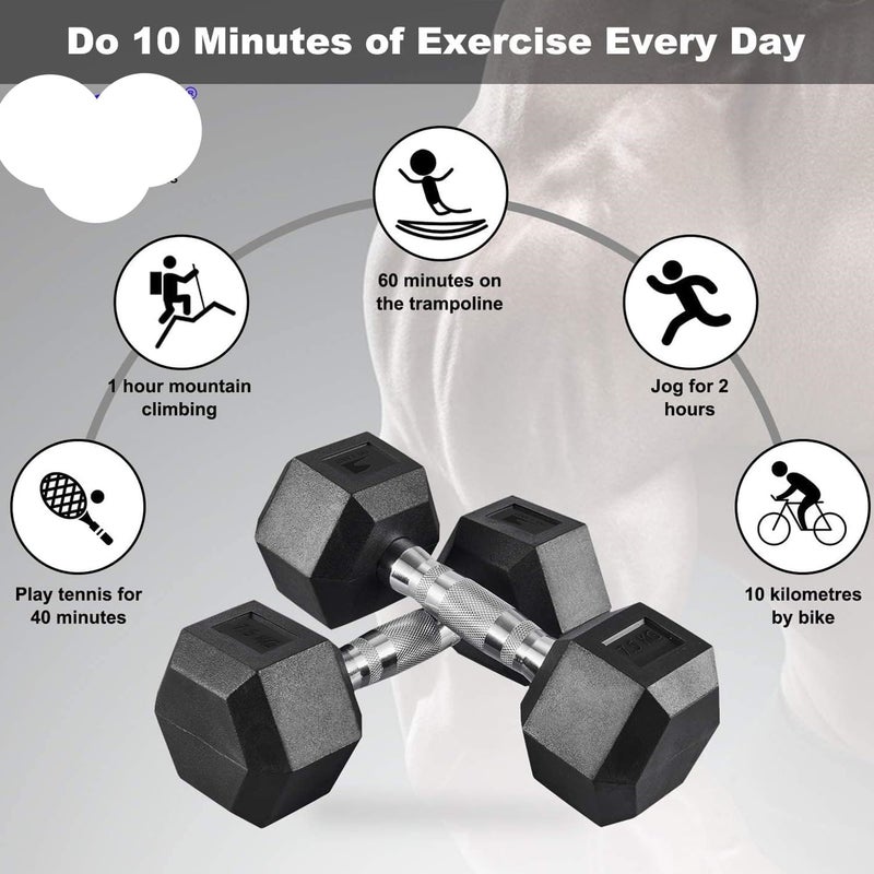DEXO مجموعة دمبل سداسي 10 كجم (2 × 5 كجم) – من الحديد المطلي بالمطاط مع تصميم مضاد للانزلاق – تدريب القوة في الصالة المنزلية والصالة الرياضية، بناء العضلات، اللياقة، متين، معدات تمرين، اكسسوارات رياضية - Image 5