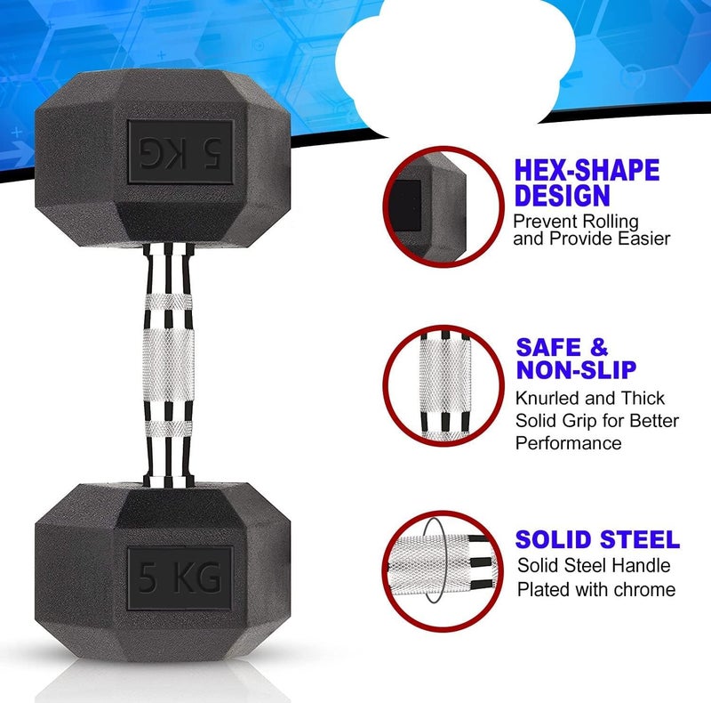 DEXO مجموعة دمبل سداسي 10 كجم (2 × 5 كجم) – من الحديد المطلي بالمطاط مع تصميم مضاد للانزلاق – تدريب القوة في الصالة المنزلية والصالة الرياضية، بناء العضلات، اللياقة، متين، معدات تمرين، اكسسوارات رياضية - Image 3