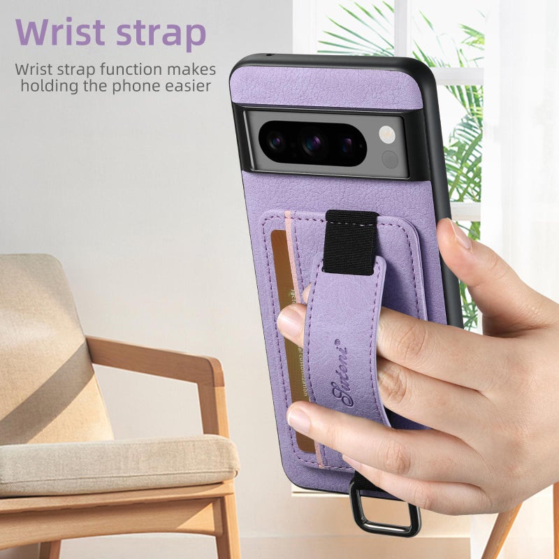 Suteni For Google Pixel 9 Pro Xl H13 Litchi Leather Wrist Strap Wallet Back Phone Case(Purple) - Image 3