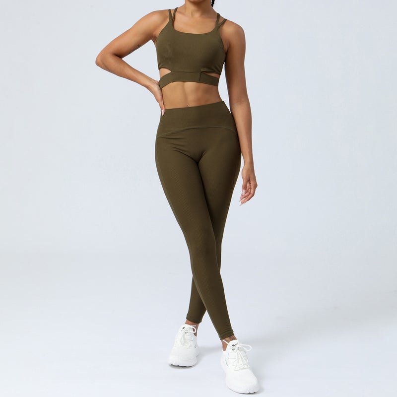 Nariele New Cloud Ribbed Yoga Set Womens Fitness Suit Army Green - Image 1
