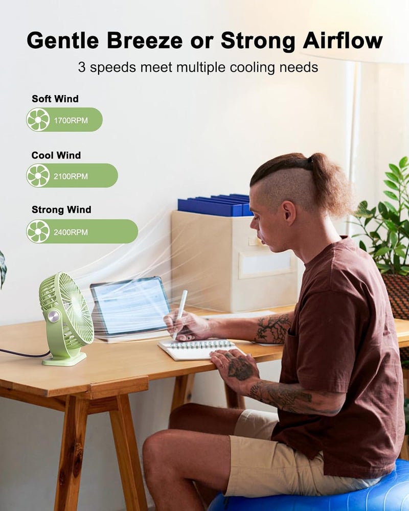 TriPole Small Desk Fan USB Powered Personal Portable Fan, Strong Airflow 3 Speeds Mini Fans 360°Rotation 5.1 Inch Quiet Table Fans for Home Office Bedroom Desktop Travel, Green, 4.9ft Cable - Image 3