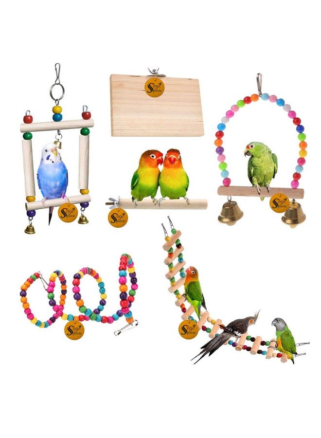 سايج سكوير مجموعة ألعاب الطيور الخشبية | منصة 3 × 4.5 مجثم 6 مجموعة 1، مجثم للطيور، منصة، سلم، ملحقات قفص، ببغاء، كوكاتيل، ببغاء كونور، لعبة راحة ومساعد تدريب خشبي للطيور والببغاوات - Image 1